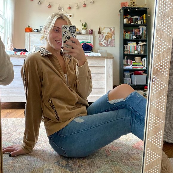 Tangerine Tan Cheetah Print Velour Full Zip Sweatshirt - Picture 1 of 8